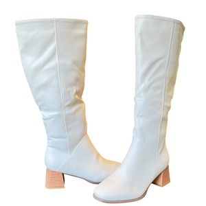 White PU Knee-High Boots Chunky Heel size 7